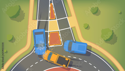 Road accident between two cars with crumpled wings and bumpers, broken windows and braking.