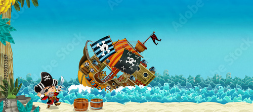 cartoon scene with pirates on the sea battle with sinking ship - illustration for the children © honeyflavour