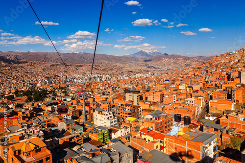 Cable cars or funicular system over orange roofs and buildings of the Bolivian capital, La Paz, Bolivia