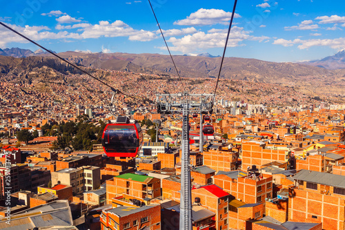 Cable cars or funicular system over orange roofs and buildings of the Bolivian capital, La Paz, Bolivia