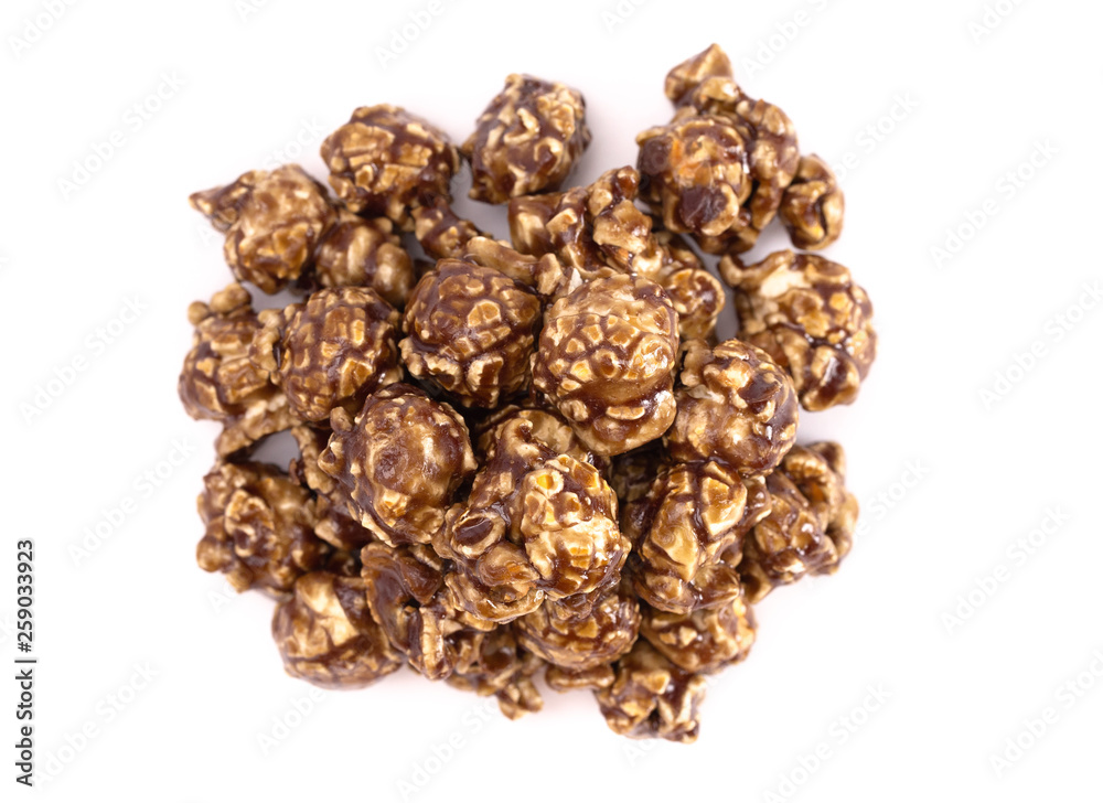 Pile of Coffee Flavored Candy Coated Popcorn on a White Background