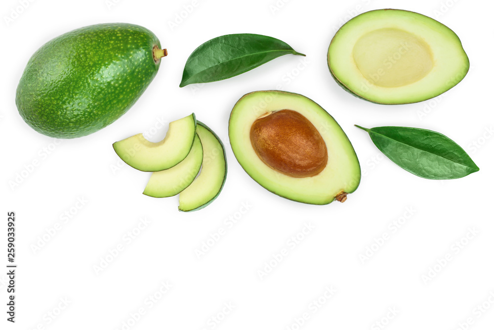 avocado and slices isolated on white background with copy space for your text. Top view. Flat lay avocado and slices isolated on white background with copy space for your text. Top view. Flat lay