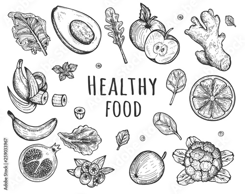 Fruit and veggies composition hand drawn style set