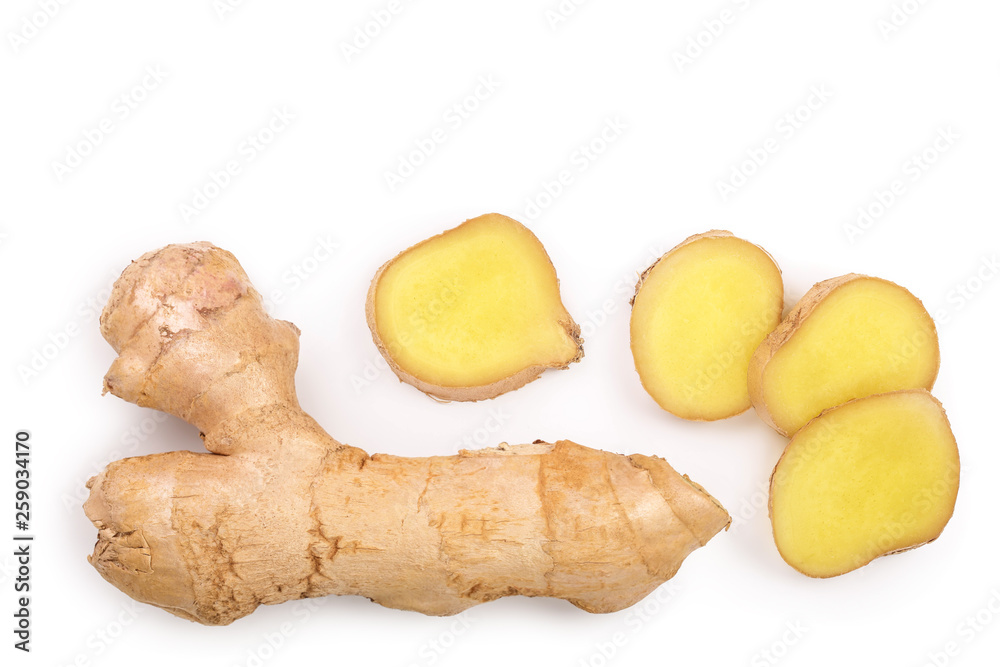fresh Ginger root and slice isolated on white background with copy space for your text. Top view. Flat lay fresh Ginger root and slice isolated on white background with copy space for your text. Top view. Flat lay