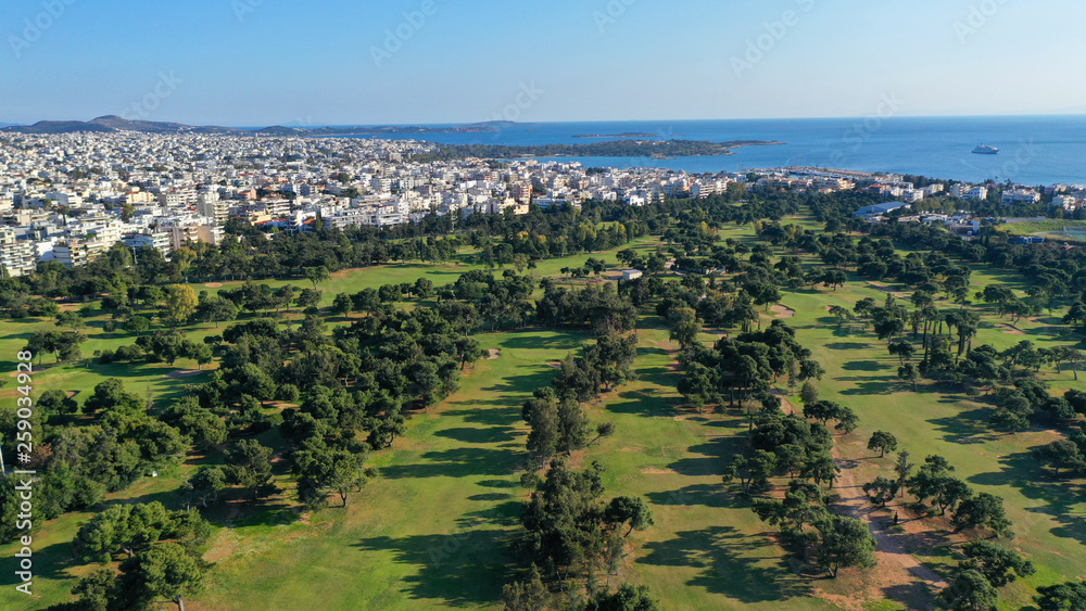 Aerial drone photo of famous Golf course in Glyfada area next to abandoned Elliniko airport, South Athens riviera, Attica, Greece