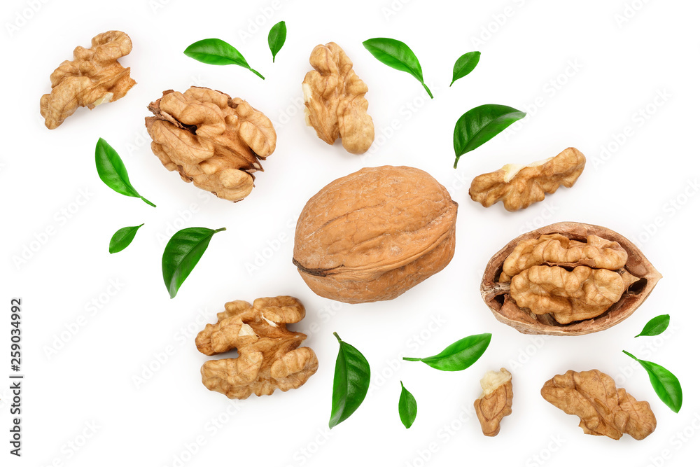 Walnuts with leaf isolated on white background. Top view. Flat lay Walnuts with leaf isolated on white background. Top view. Flat lay
