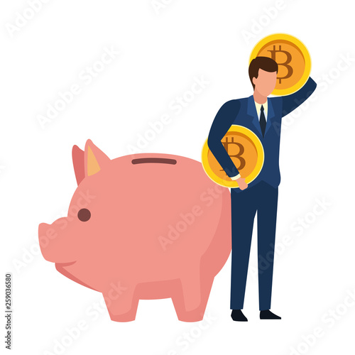 Businessman with bitcoins and piggy
