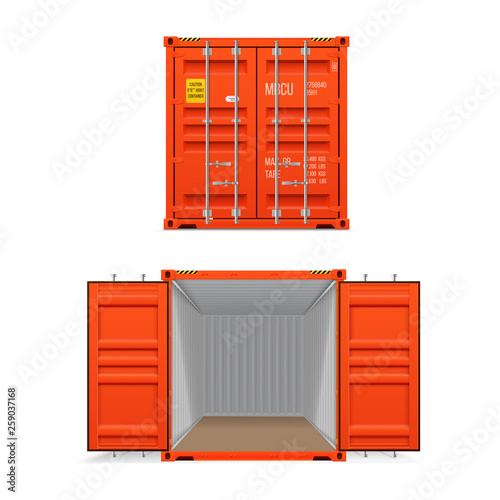 Realistic set of bright red cargo containers.   Open and closed.