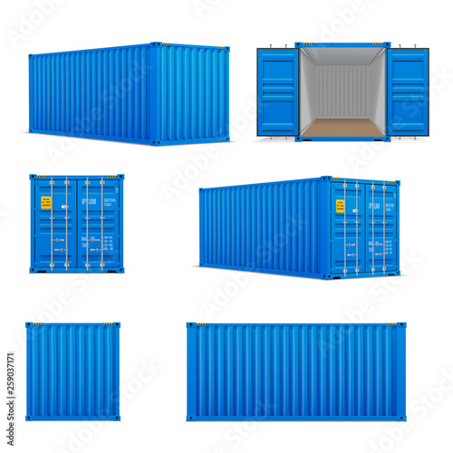 Realistic set of bright blue cargo containers. Front, side back and perspective view