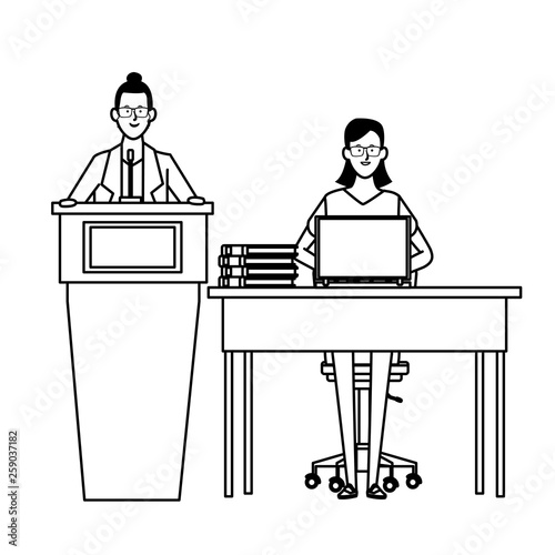 women in a podium and office desk black and white