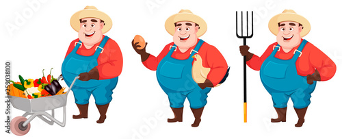 Fat farmer, agronomist, set of three poses