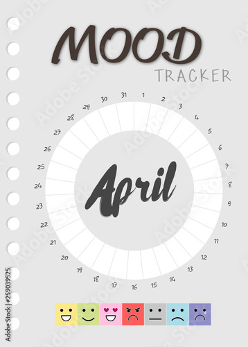 Mood diary for a month. mood tracker April calendar. keeping track of emotional state