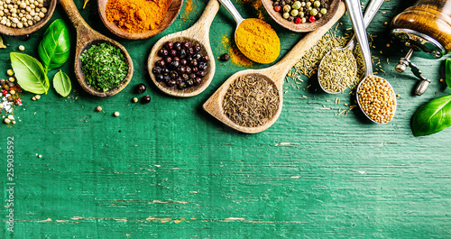 Fototapeta Naklejka Na Ścianę i Meble -  Spices and herbs on wooden background