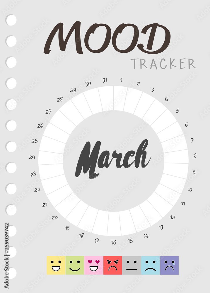 Mood diary for a month. mood tracker March calendar. keeping track of emotional state