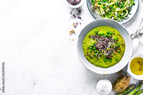 Healthy green pea soup and zucchini noodles