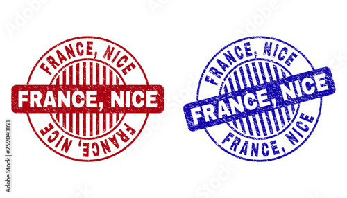 Grunge FRANCE, NICE round stamp seals isolated on a white background. Round seals with grunge texture in red and blue colors. Vector rubber imitation of FRANCE,