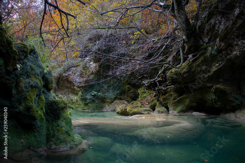 Lago de agua cristalina en el parque natural de Urederra en Navarra. Varias rocas y arboles alrededor