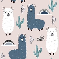 Fotobehang Uit de natuur patronen Vrolijke lama's en cactussen patroon  © neapol