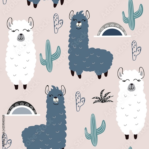 Seamless pattern with llama and cactus. vector illustration for fabric, textile,
