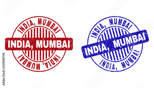 Grunge INDIA, MUMBAI round stamp seals isolated on a white background. Round seals with grunge texture in red and blue colors. Vector rubber imprint of INDIA,