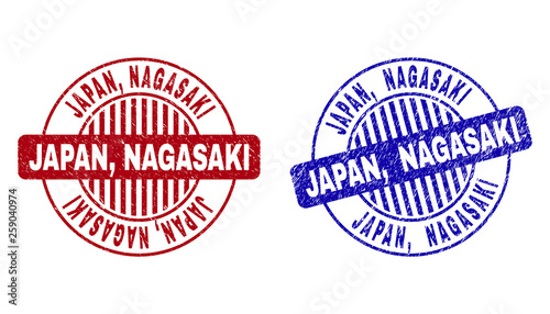 Grunge JAPAN, NAGASAKI round stamp seals isolated on a white background. Round seals with grunge texture in red and blue colors. Vector rubber imitation of JAPAN,