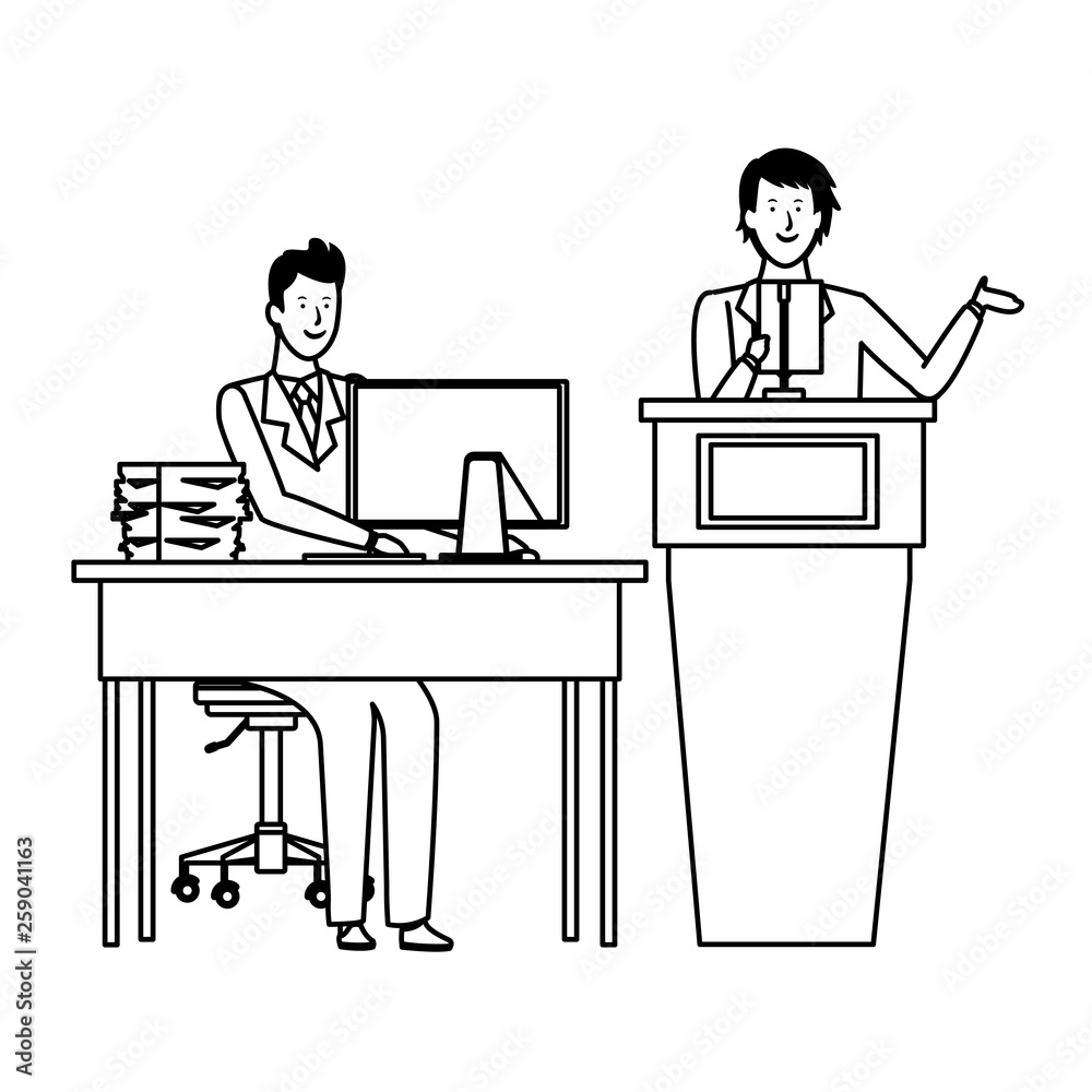 men in a podium and office desk black and white