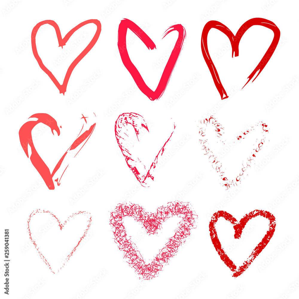 Hearts hand drawn set. Brush, marker, hatching