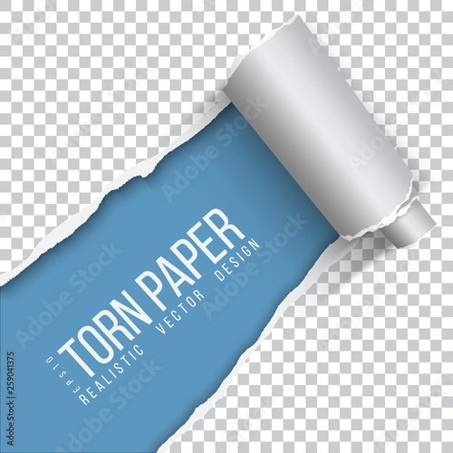 Vector torn hole of lower left corner of transparent sheet with paper curl and white background of the resulting window.