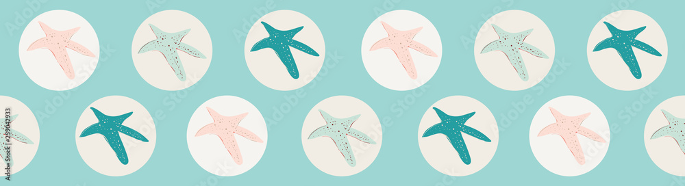 Seamless illustrated sea star circles create a pretty beach themed border. Great for tropical wedding invitation edging, ribbon, resort stationery and graphic design use. Vector.