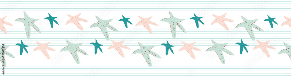 Coastal, beachy starfish seamless border. Turquoise pinstripes and sea stars on a white background. Seamless vector design with fresh clean look for vacation, beach wedding, resort and spa ideas.