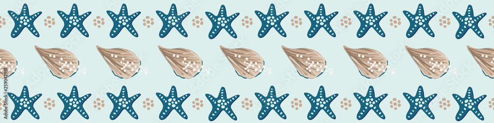 Coastal starfish seamless border. Turquoise sea stars and tan shells on ...