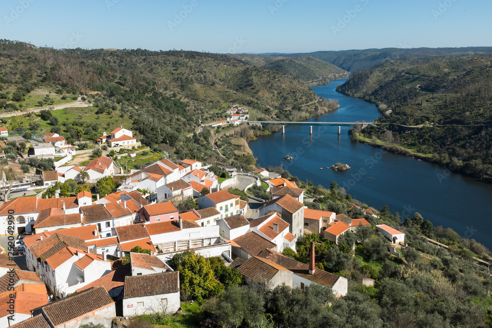 Landscape of Belver village and tagus river from above
