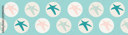 Seamless illustrated sea star circles create a pretty beach themed border. Great for tropical wedding invitation edging, ribbon, resort stationery and graphic design use. Vector.