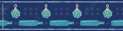 Maritime glass fishing net floats and bottles in a seamless pattern. Vector design in navy blue, teal and light brown. Great for textiles, birthdays, Father's Day cards and gift wrapping ribbon.