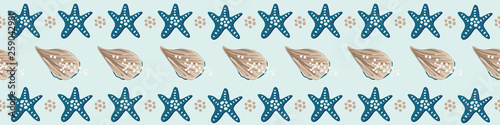 Coastal starfish seamless border. Turquoise sea stars and tan shells on a light blue background. Seamless vector design with fresh clean look for vacation, beach wedding, resort and spa ideas.