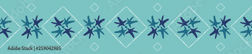Coastal starfish seamless repeat border. White drawings and blue sea stars on turquoise background. Seamless vector design with fresh clean look for vacation, beach wedding, resort and spa designs.
