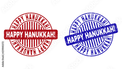 Grunge HAPPY HANUKKAH! round stamp seals isolated on a white background. Round seals with grunge texture in red and blue colors.