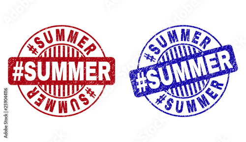 Grunge #SUMMER round stamp seals isolated on a white background. Round seals with grunge texture in red and blue colors. Vector rubber overlay of #SUMMER caption inside circle form with stripes.