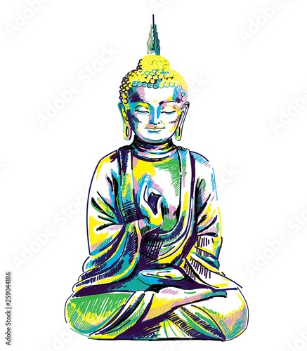 Buddha. Multicolored stylish print. Buddha sitting cross-legged. Yoga, Nirvana print.