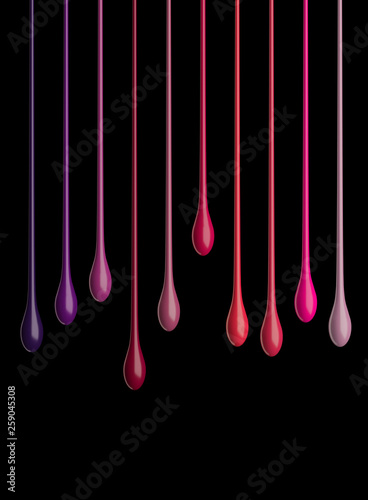 Colorful droplets of lipstick or paint isolated on balck. Abstract background. Colour palette. 3d illustration.
