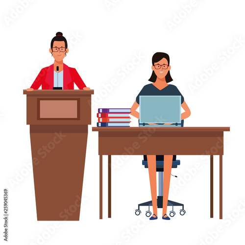 women in a podium and office desk