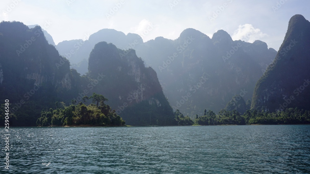 tropical landscape on chiao lan lake in khao sok