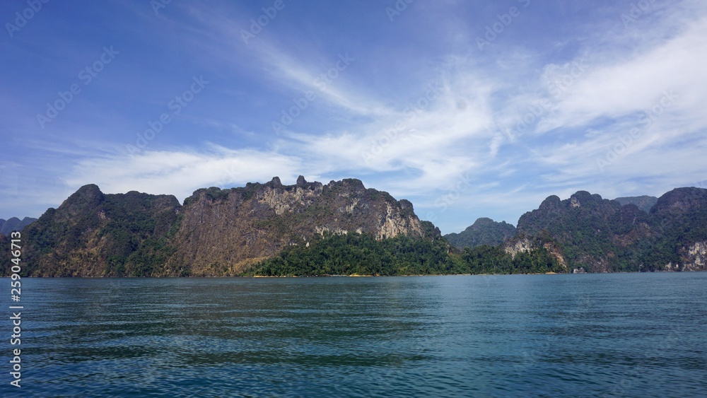 tropical landscape on chiao lan lake in khao sok