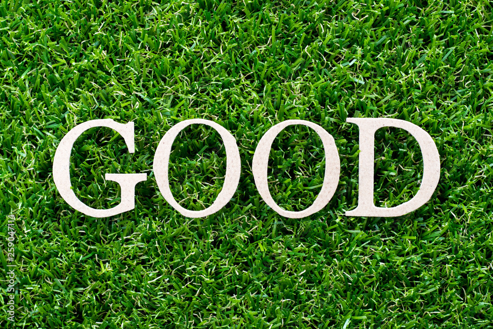 Wood letter in word good on artificial green grass background Stock