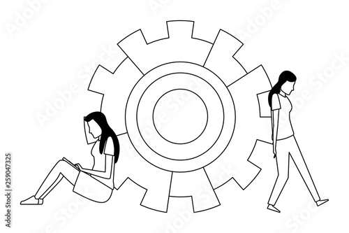 Coworkers teamwork cartoon in black and white