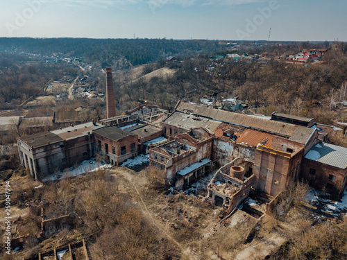 Ruined abandoned sugar factory, aerial view