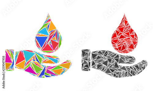 Triangle mosaic Blood donation hand icons designed from triangle items in variable sizes, positions and proportions.