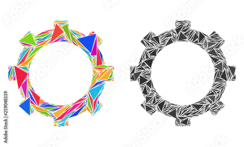 Triangle collage Cog icons united from triangle items in different sizes, positions and proportions. Vector triangular polygons are united into abstract composition cog icons,