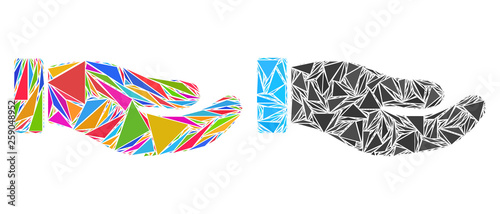 Triangle mosaic Petition hand icons composed of triangle items in various sizes, positions and proportions. Vector triangles are united into abstract mosaic petition hand icons,
