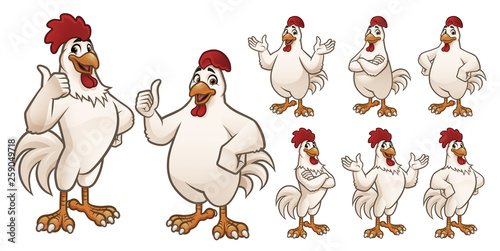Cartoon Rooster and Chicken Mascot with 8 poses_EPS 10 Vector